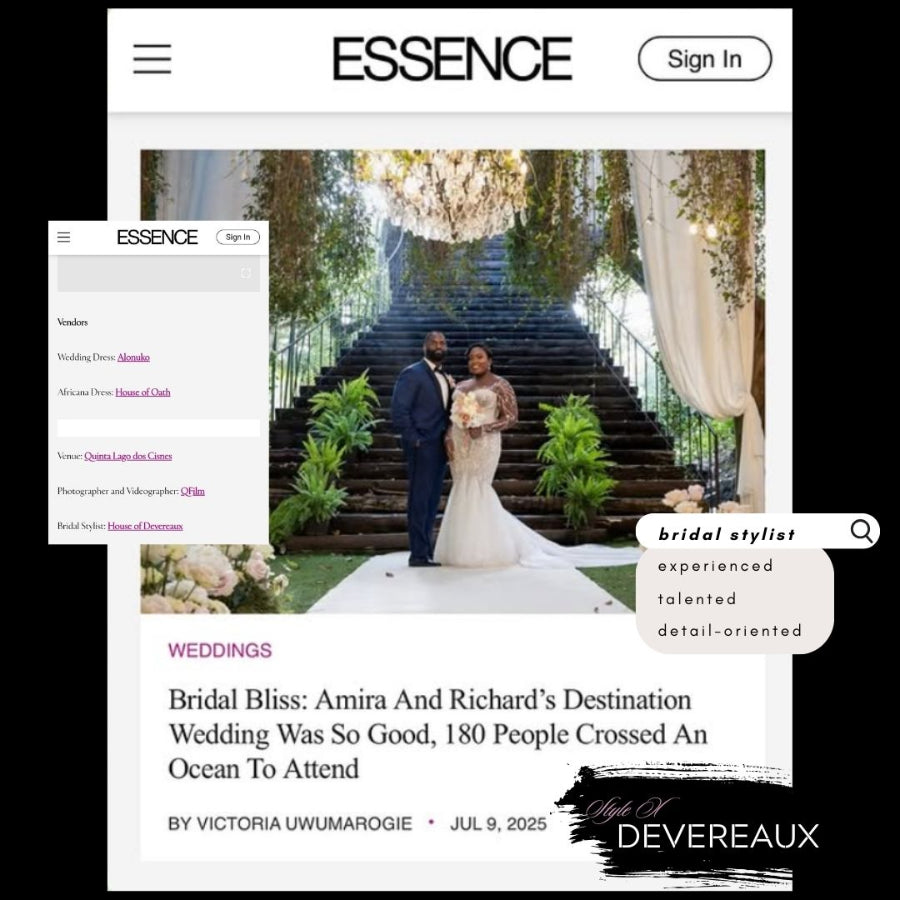 Website page with a wedding couple on a staircase, featuring the 'ESSENCE' brand.